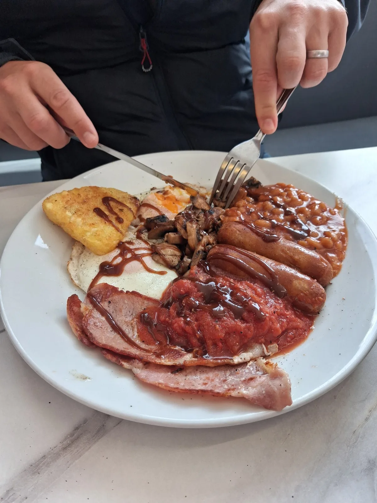 A full English breakfast served at a table in Dawn's Diner